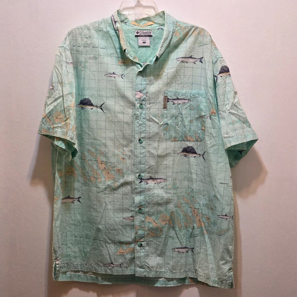 Columbia River Lodge Fish Map Ocean Blue S/S Button Down Top Shirt XL Mens